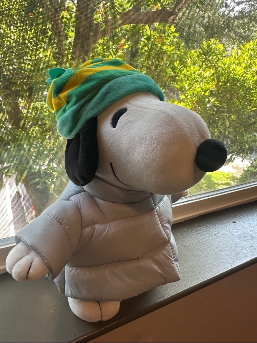 Snoopy Plush Dog Toy in Gray Puffer Jacket with Green & Yellow Hat